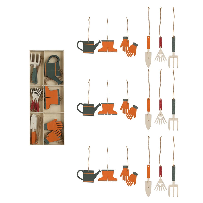 1"H - 4"H MDF Laser Cut Garden Tool Ornaments, Multi Color, Boxed Set of 18