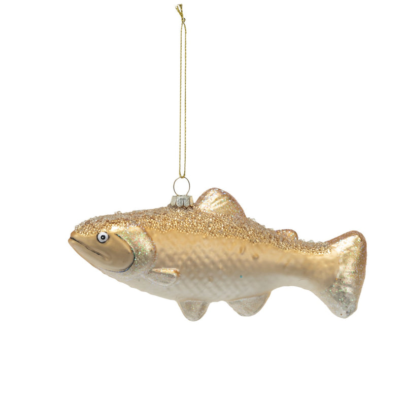 Glass Fish Ornament w/ Glitter, Yellow & Gold Finish