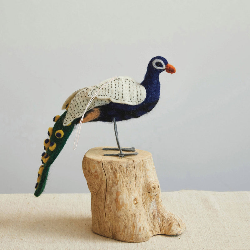 Handmade Wool Felt Peacock Ornament w/ Stitching, Multi Color