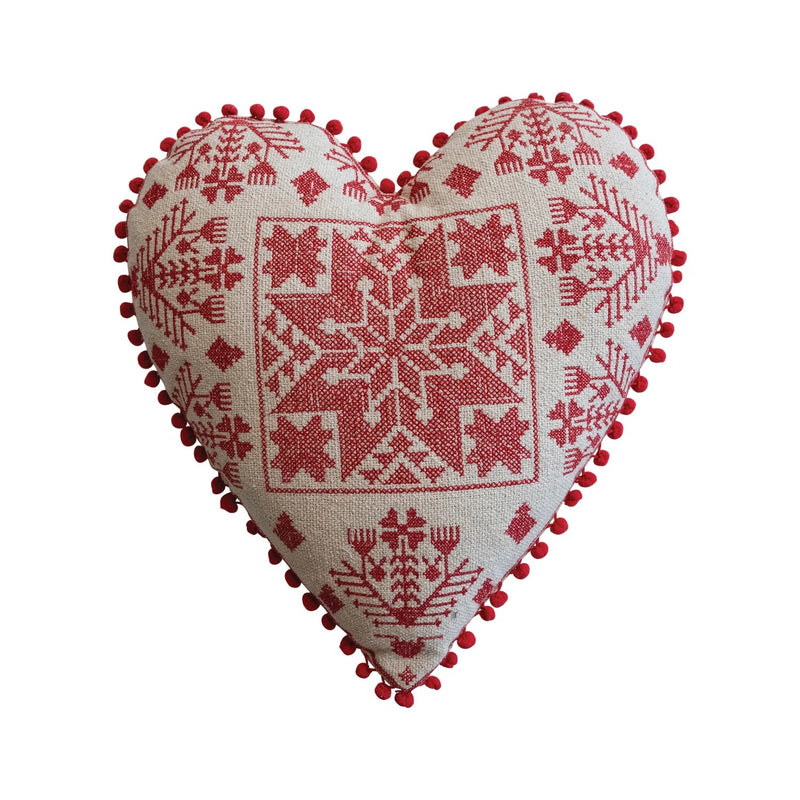 Cotton Embroidered Heart Shaped Pillow w/ Pattern & Pom Pom Trim