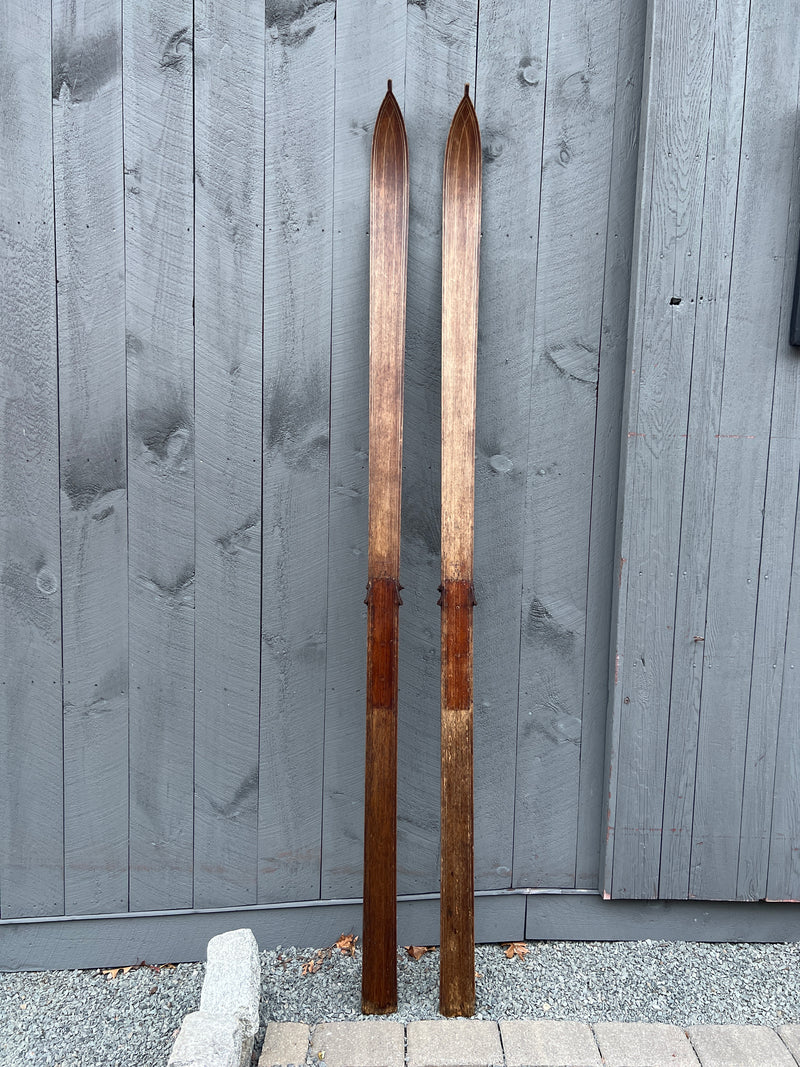 Vintage Wooden 91" Long Skis with Pointed Top Tips