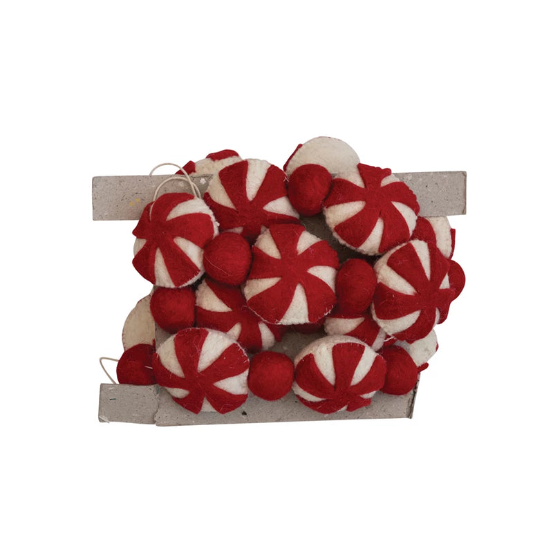 72"L Handmade Wool Felt Peppermint & Ball Garland - Red & White