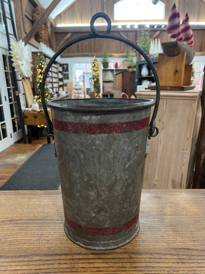 Vintage Galvanized Steel Handled Double Red Banded Bucket