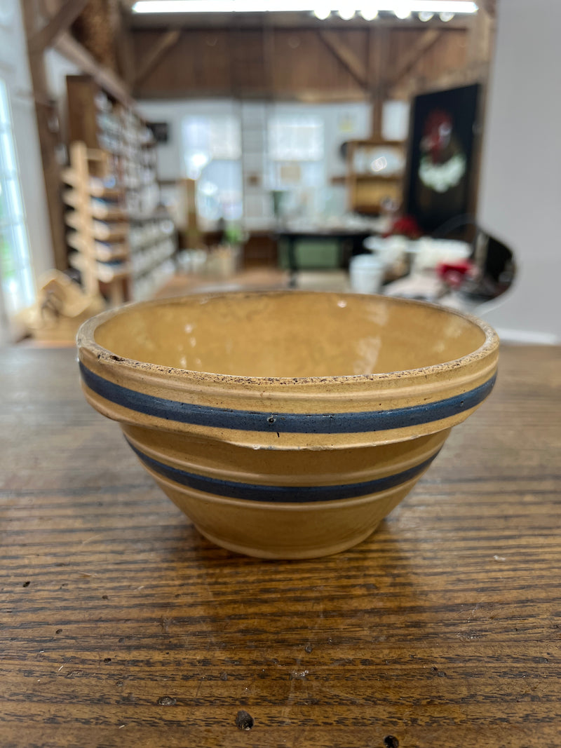 Vintage Yellow Ware Bowl Four White + Two Blue Bands