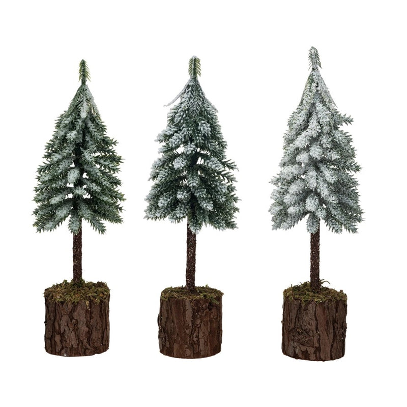 Faux Fir Tree w/ Wood & Moss Base, Snow/Frost Finish (10.25")