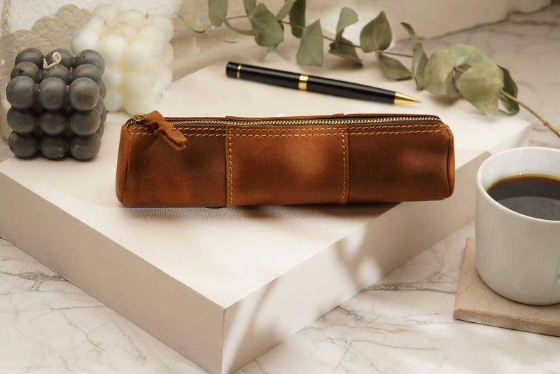 Leather Pencil Case, Make-up Brush Holder, Pen Holder: Brown