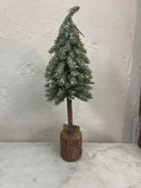 Faux Fir Tree w/ Wood & Moss Base, Snow/Frost Finish, Green (10.25")
