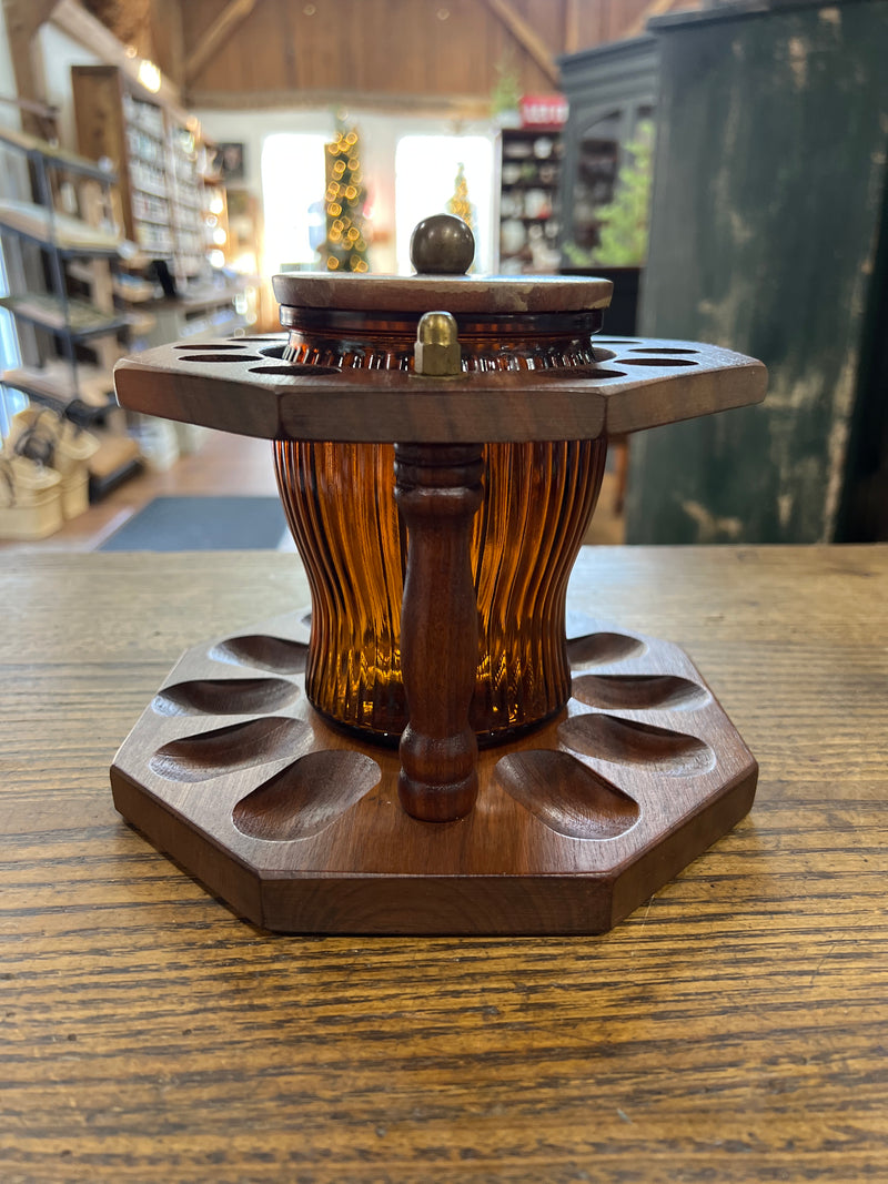 Vintage 10 Pipe Rack with Amber Glass Humidor Tobacco Jar