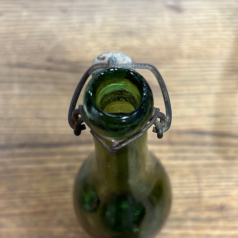 Vintage Green Glass Bottle With Zinc Stopper + Wire Bail