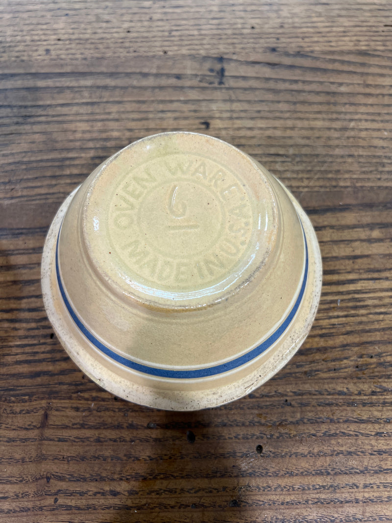 Vintage Yellow Ware Bowl Four White + Two Blue Bands