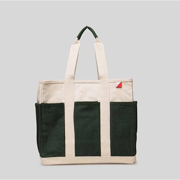 Multi-Pocket Canvas ToteCraft Bag Medium: Natural with Hunter Green