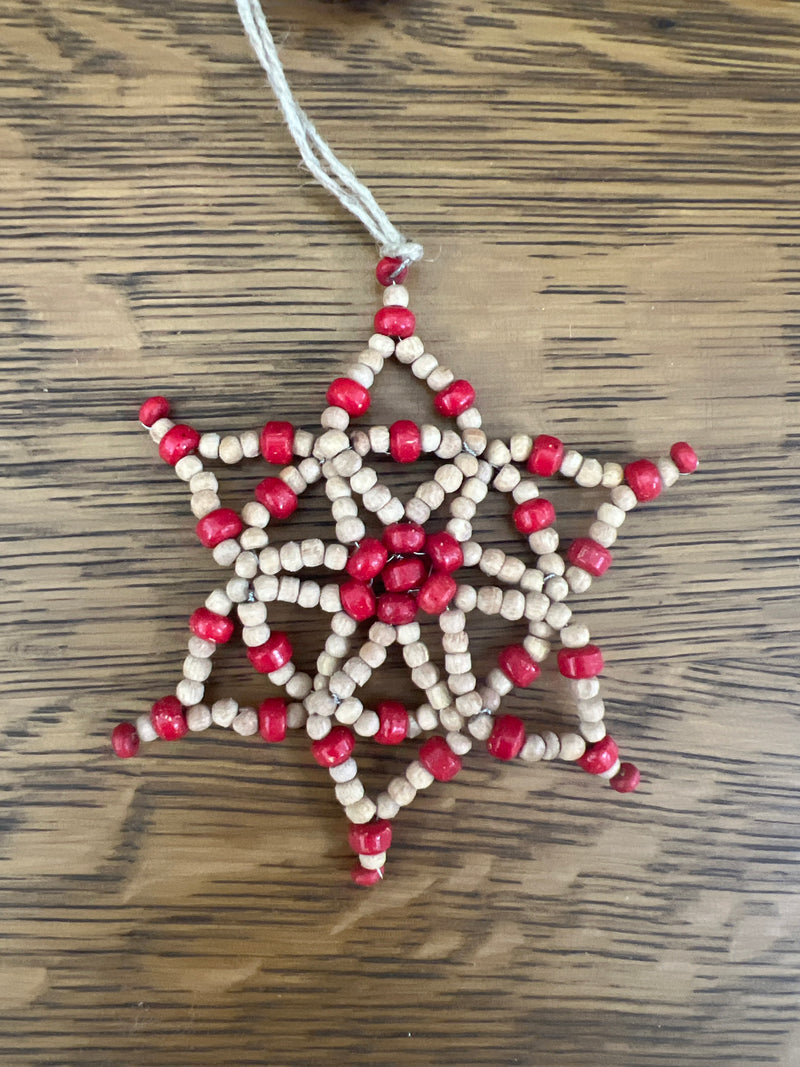 Handmade Mango Wood Bead Snowflake Ornament, Natural, 2 Styles