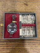 Antique English 7 Piece Boxed Set with Silver Plate Tea Strainer and Teaspoons
