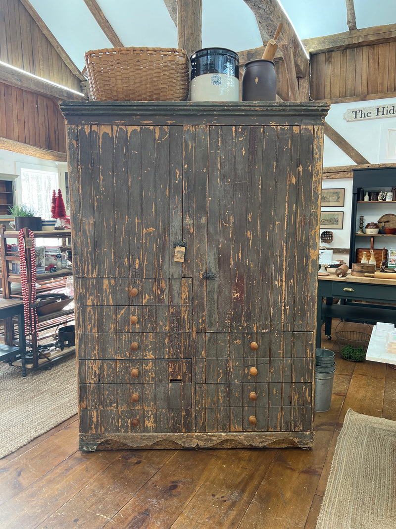 Antique Double Doored+10 Drawer Beadboard Cabinet