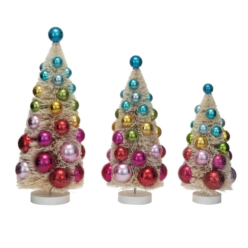 Sisal Bottle Brush Trees w/ Ornaments & Wood Bases, 3 Sizes