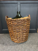 Vintage French Demijohn Green Glass Bottle in Woven Grape Vine Basket