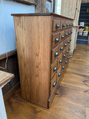 Antique Oak Apothecary Cabinet with 25 Drawers and Milk Glass Labels