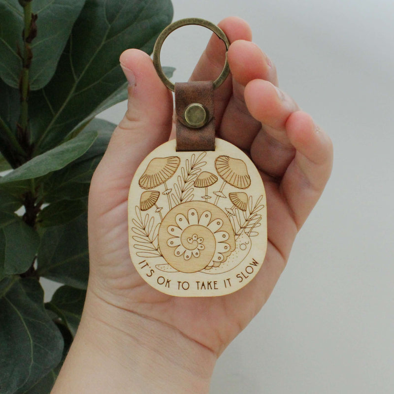 forest snail wooden keychain with leather strap
