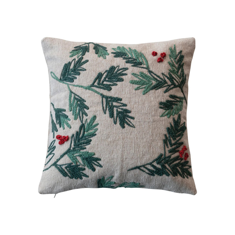 Woven Cotton & Jute Pillow w/ Embroidered Holly & Berries