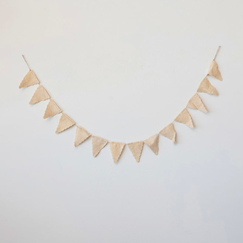 Handmade Wool Felt Pennant Garland w/ Scalloped Edge, Cream Color