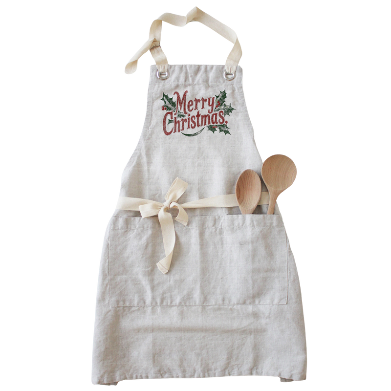 Merry Christmas Holly Apron: Natural