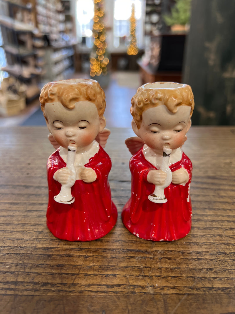 Vintage Set of Two Christmas Angles with Trumpet Candle Holders