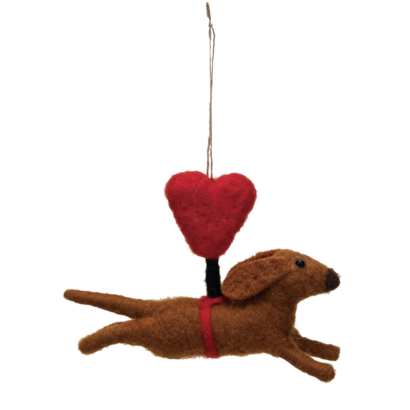 Handmade Wool Felt Dachshund w/ Heart Ornament, Brown & Red