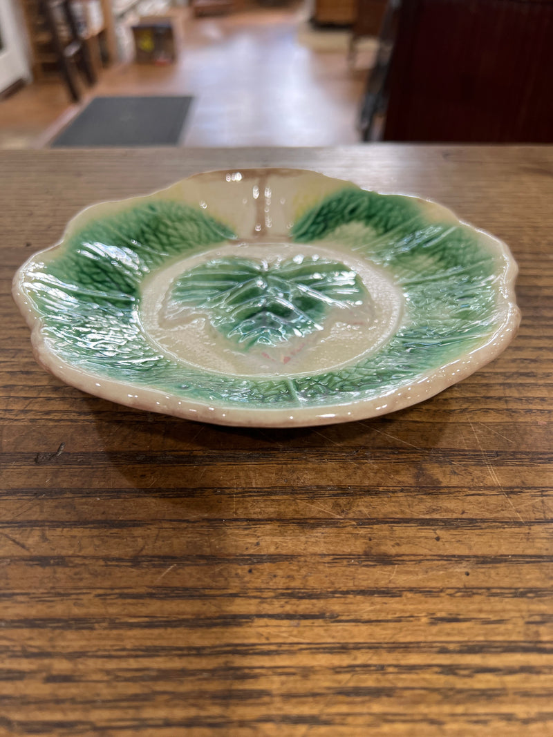 Antique Majolica Hand Painted Leaf Bowl 7” Diameter