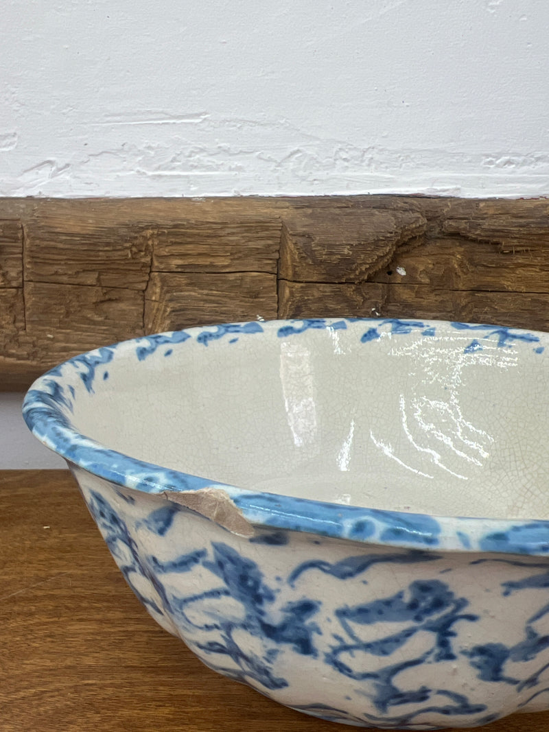 Antique 9” Blue + White Fluted Shaped Spongeware Bowl