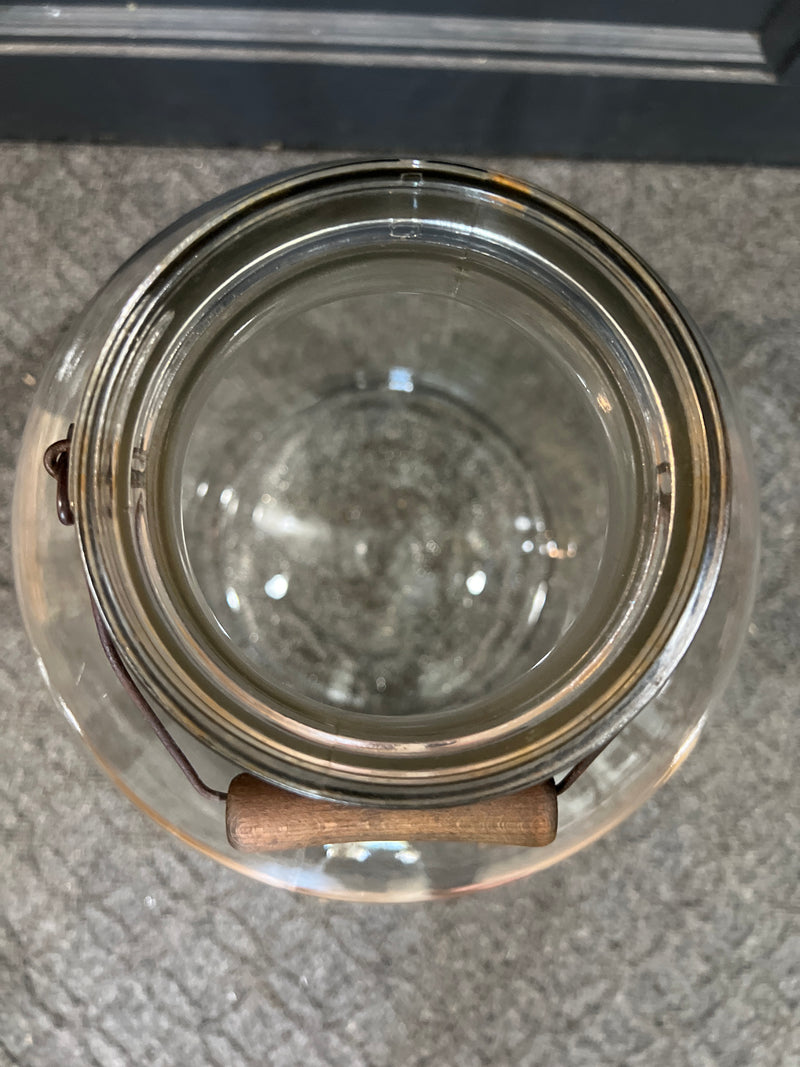 Vintage 18” Tall Clear Glass Wide Mouth Jug With Wooden Handle