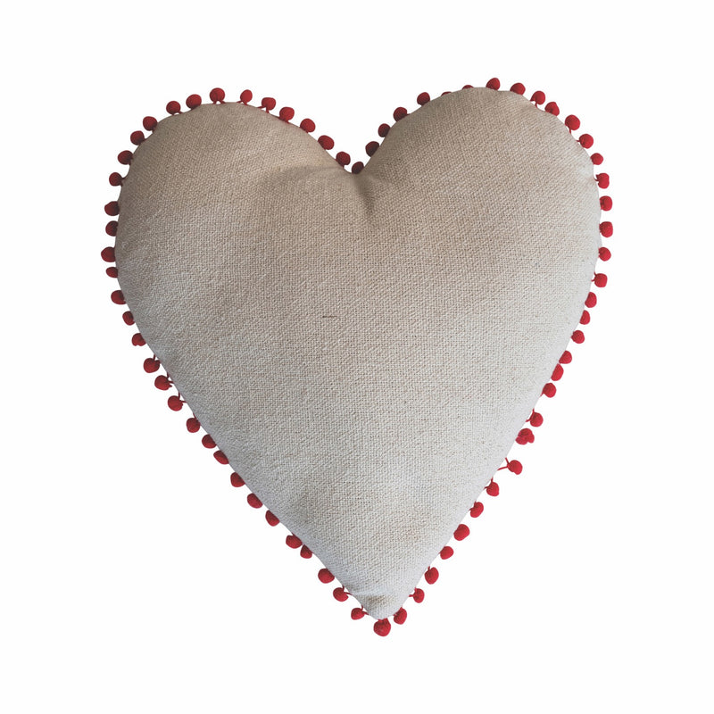 Cotton Embroidered Heart Shaped Pillow w/ Pattern & Pom Pom Trim