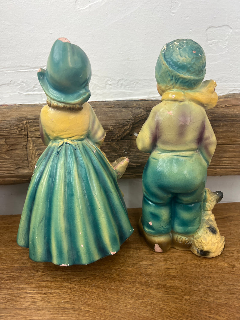 Vintage Chalkware Dutch Girl With Goose + Dutch Boy with Pipe + Dog Figurines - Set of Two