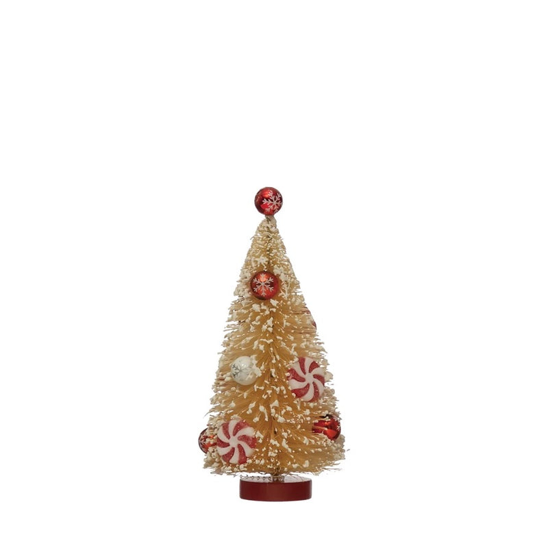 Sisal Bottle Brush Christmas Tree with Red Ornaments and Peppermints 2 Sizes