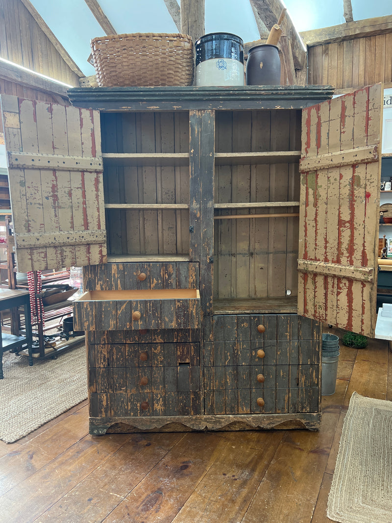 Antique Double Doored+10 Drawer Beadboard Cabinet