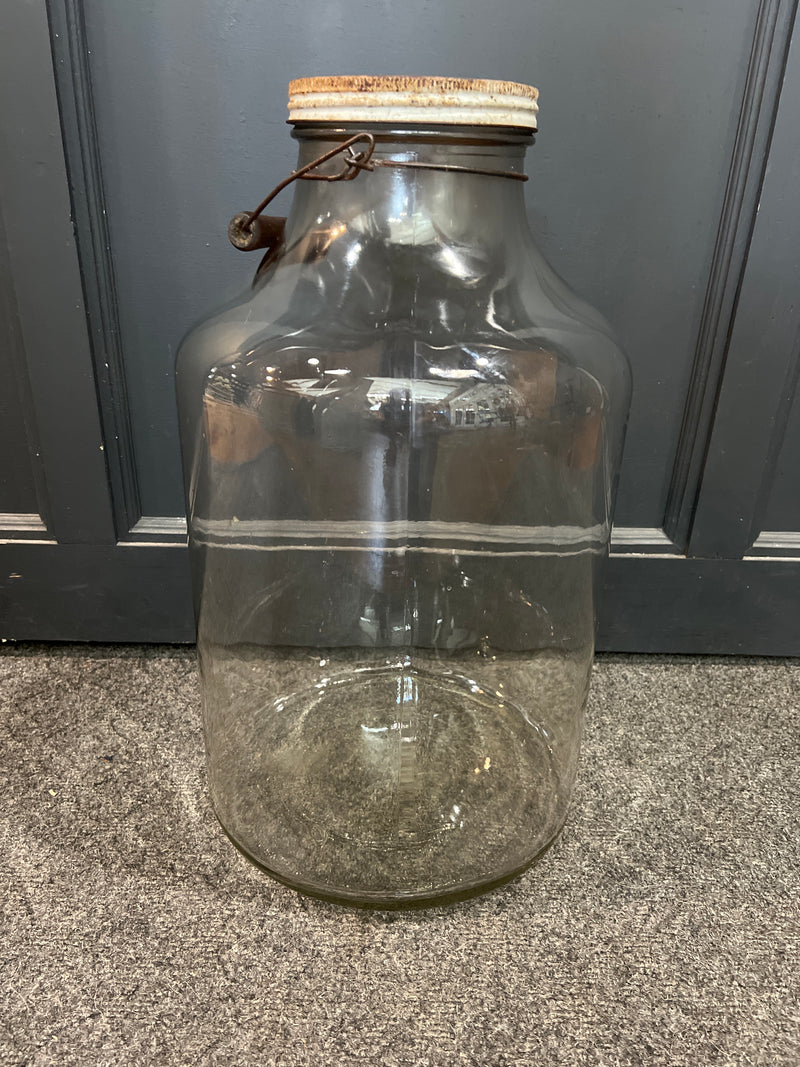 Vintage 18” Tall Clear Glass Wide Mouth Jug With Wooden Handle
