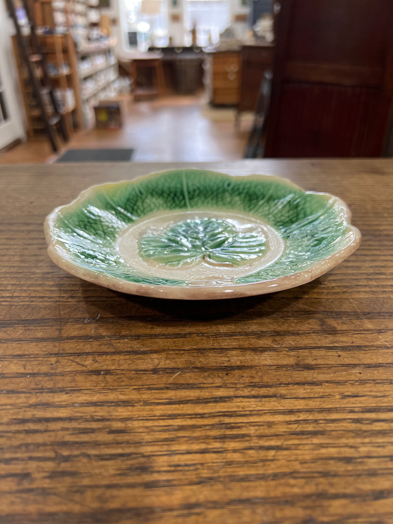 Antique Majolica Hand Painted Leaf Bowl 7” Diameter