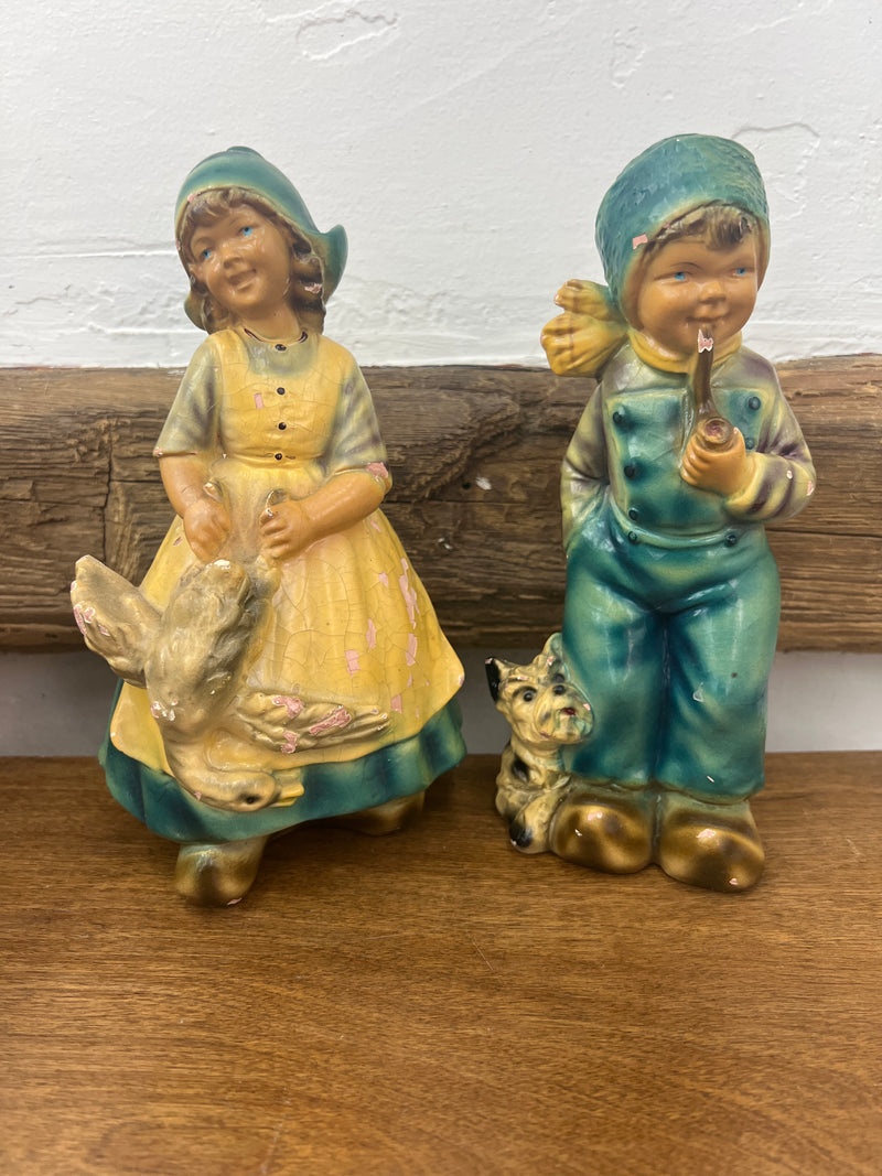 Vintage Chalkware Dutch Girl With Goose + Dutch Boy with Pipe + Dog Figurines - Set of Two