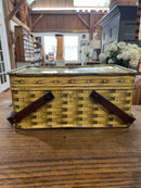 Vintage Yellow Faux Wood Wicker Tin Picnic Basket with Wooden Handles