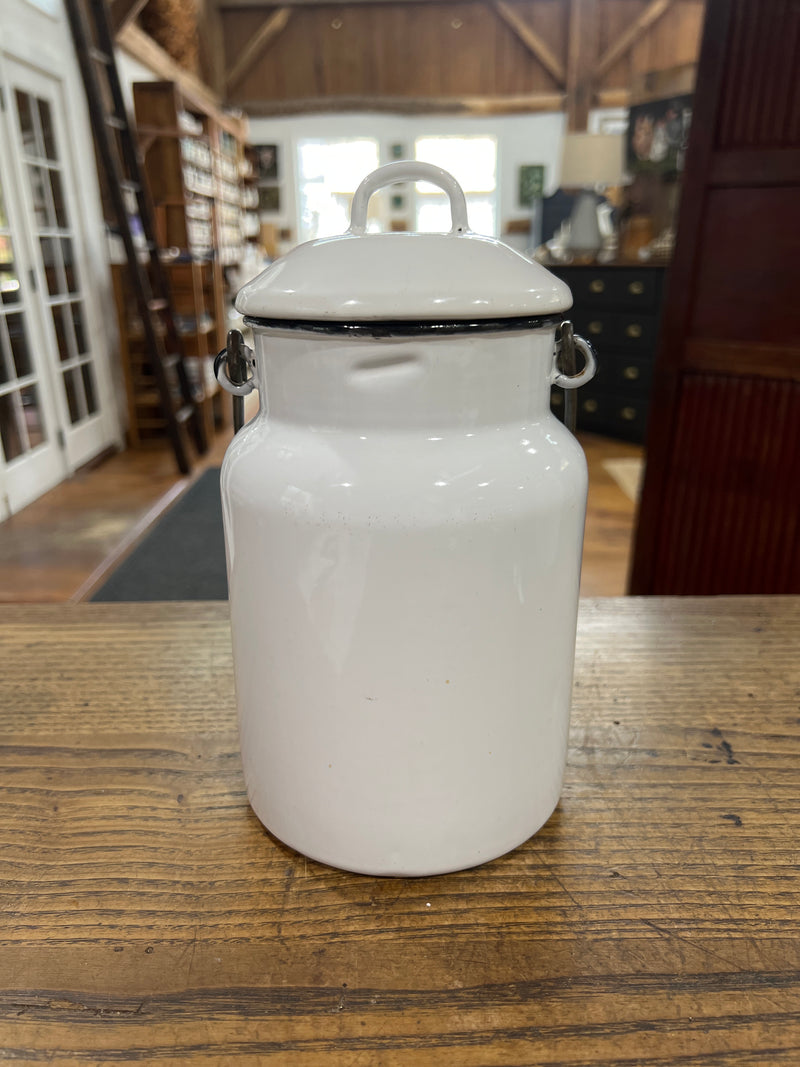 Vintage White Enamel Milk Pail with Lid