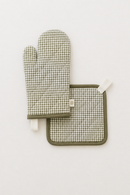 Oven Mitt + Potholder - Quilted Linen Set Olive Mini Gingham