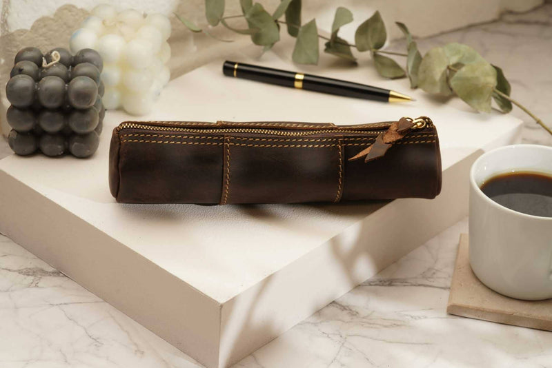 Leather Pencil Case, Make-up Brush Holder, Pen Holder: Dark Brown