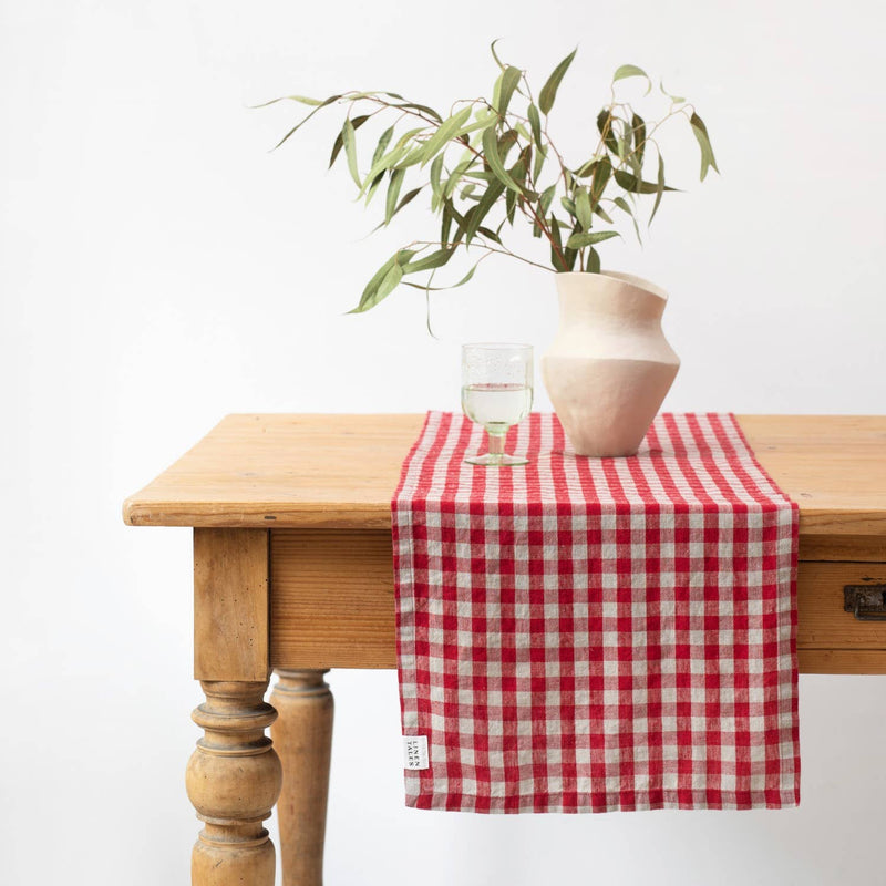 Red Gingham Linen Table Runner: 16"x59" | 40x150 cm