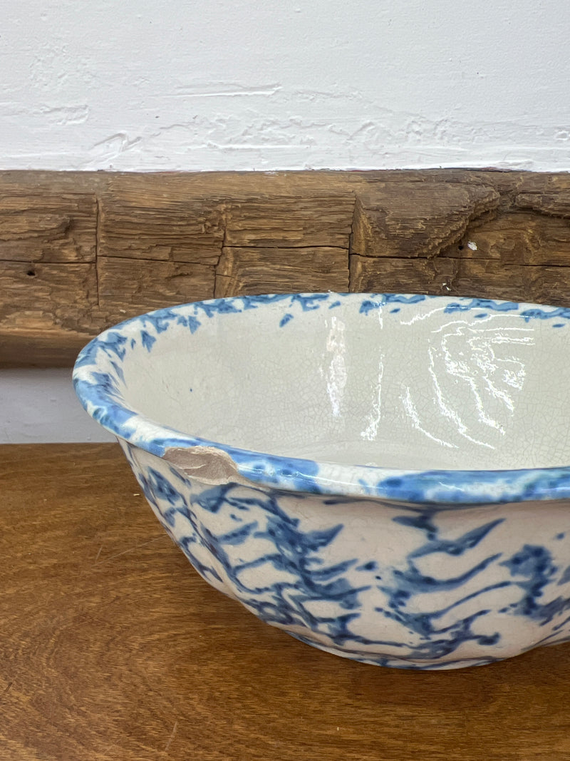 Antique 9” Blue + White Fluted Shaped Spongeware Bowl