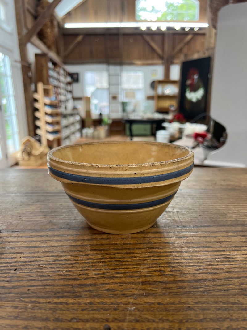 Vintage Yellow Ware Bowl Four White + Two Blue Bands