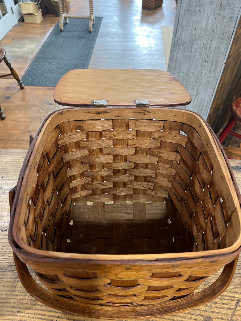 Vintage Tall Woven Split Wood Picnic Basket with Double Handles