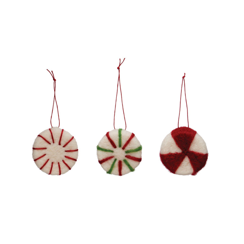 2-1/4"H Wool Felt Peppermint Ornament, Red, White & Green, 3 Styles