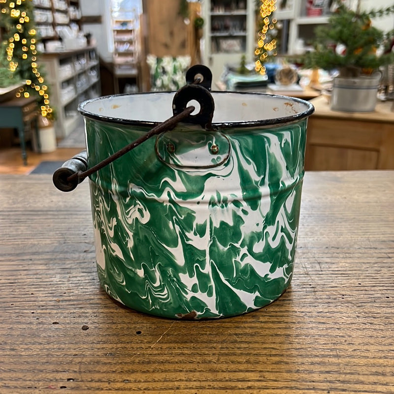 Vintage Green + White Granite Enamel Pail