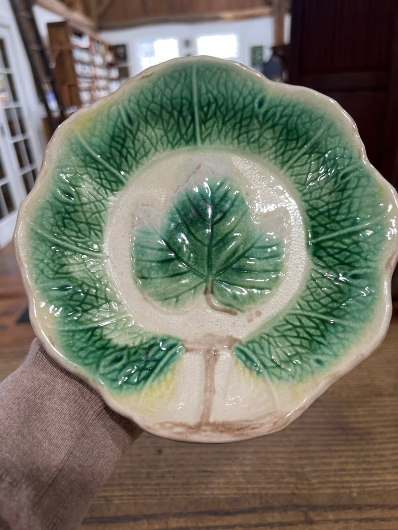 Antique Majolica Hand Painted Leaf Bowl 7” Diameter