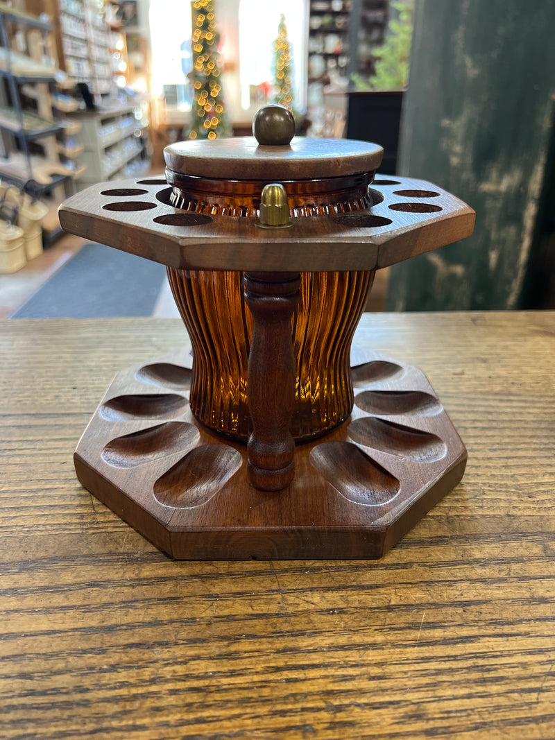 Vintage 10 Pipe Rack with Amber Glass Humidor Tobacco Jar