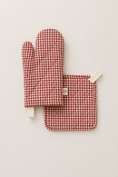 Oven Mitt + Potholder - Quilted Linen Set Red Mini Gingham